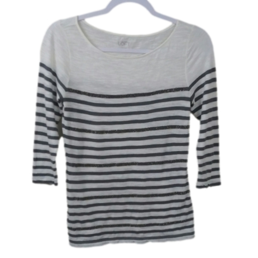 Ann Taylor Loft White Grey Beaded Striped Scoop Neck 3/4 Long Sleeve Top